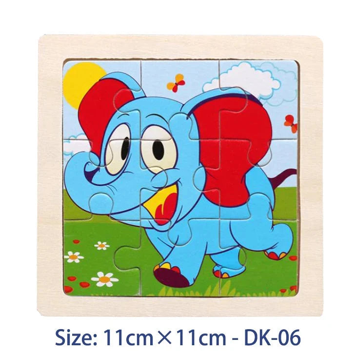 Kids wooden jigsaw puzzle with cartoon blue elephant character in framed board