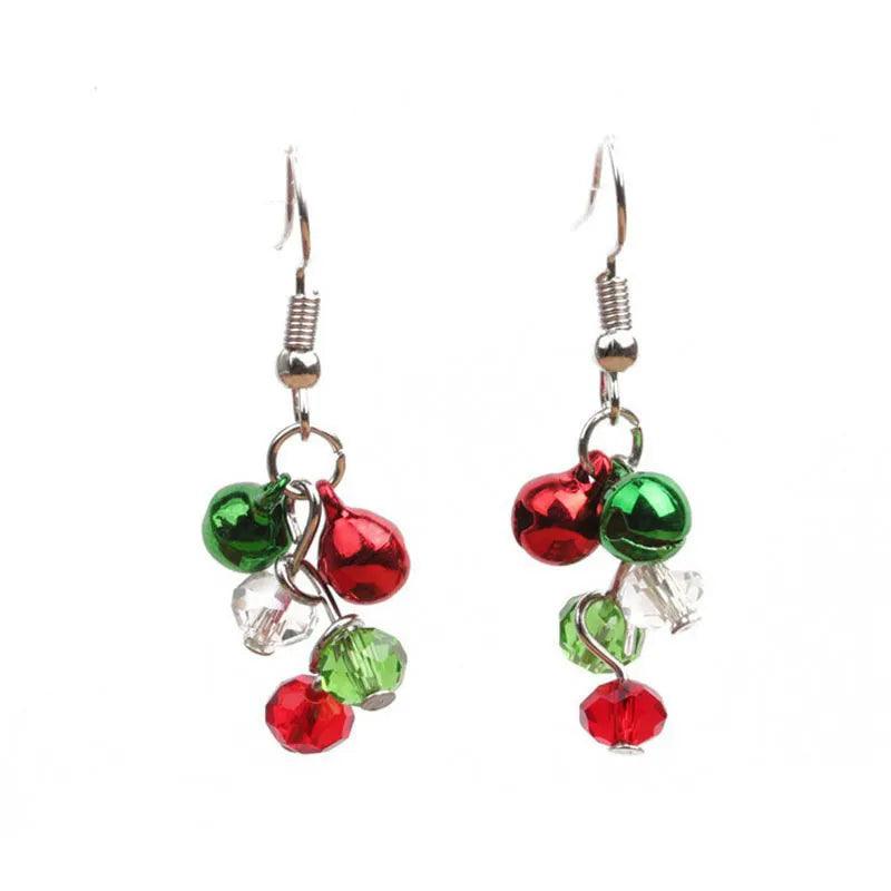 Colorful holiday bead drop earrings with green, red, and clear crystal charms