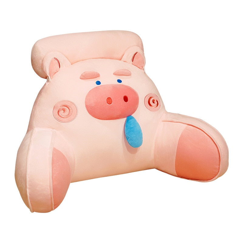 Pink animal reading pillow shaped like a pig, with rosy cheeks and blue nose drop