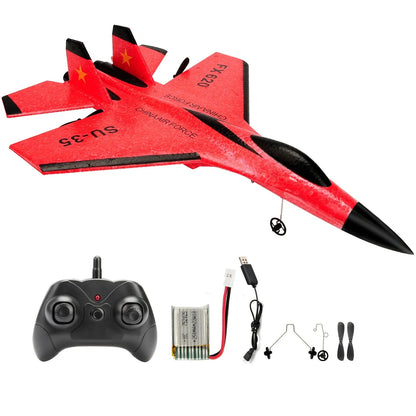 Red RC foam glider airplane with black 2.4G remote and included battery pack
