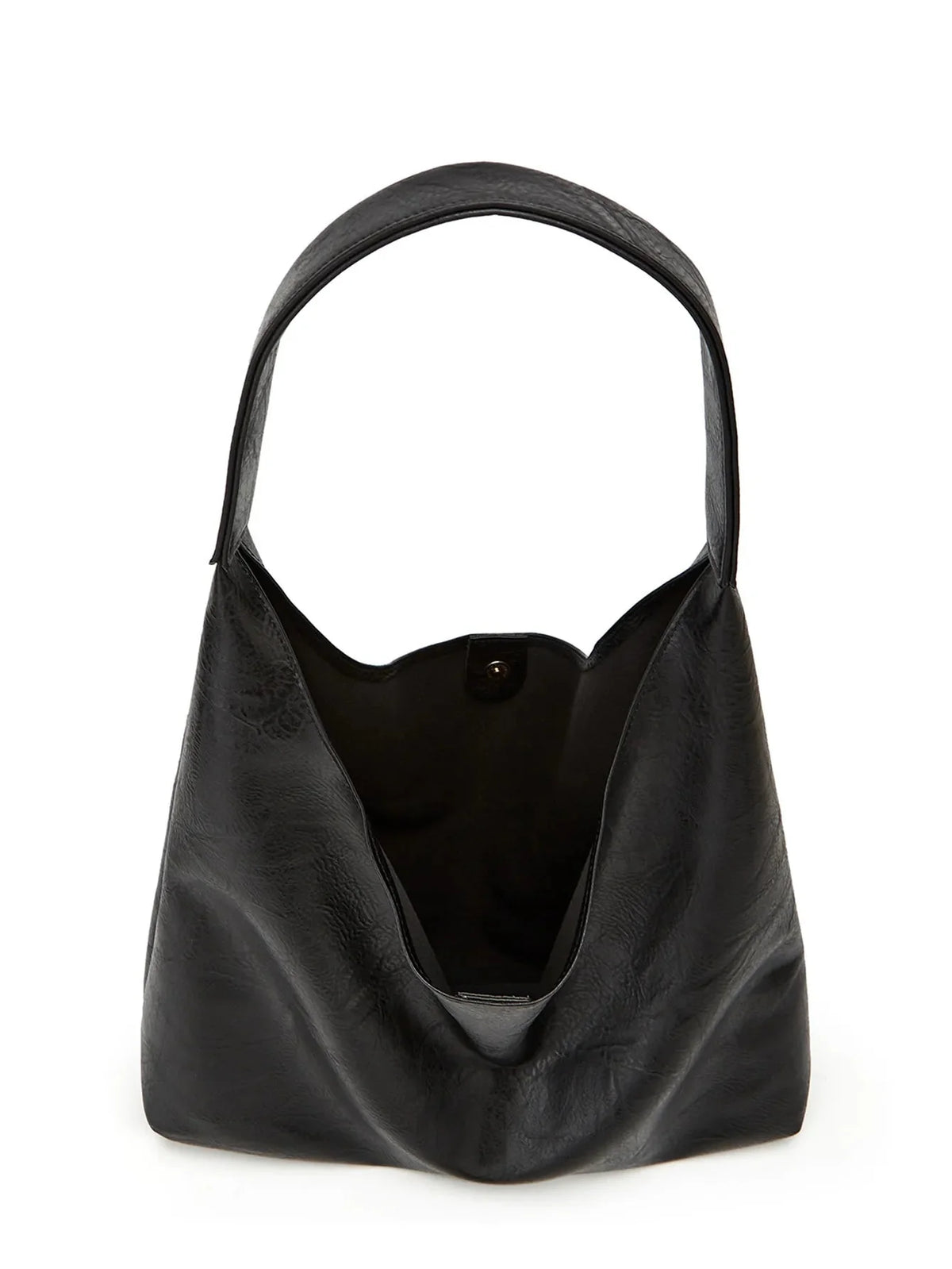 Black shoulder tote bag with curved opening and front snap detail