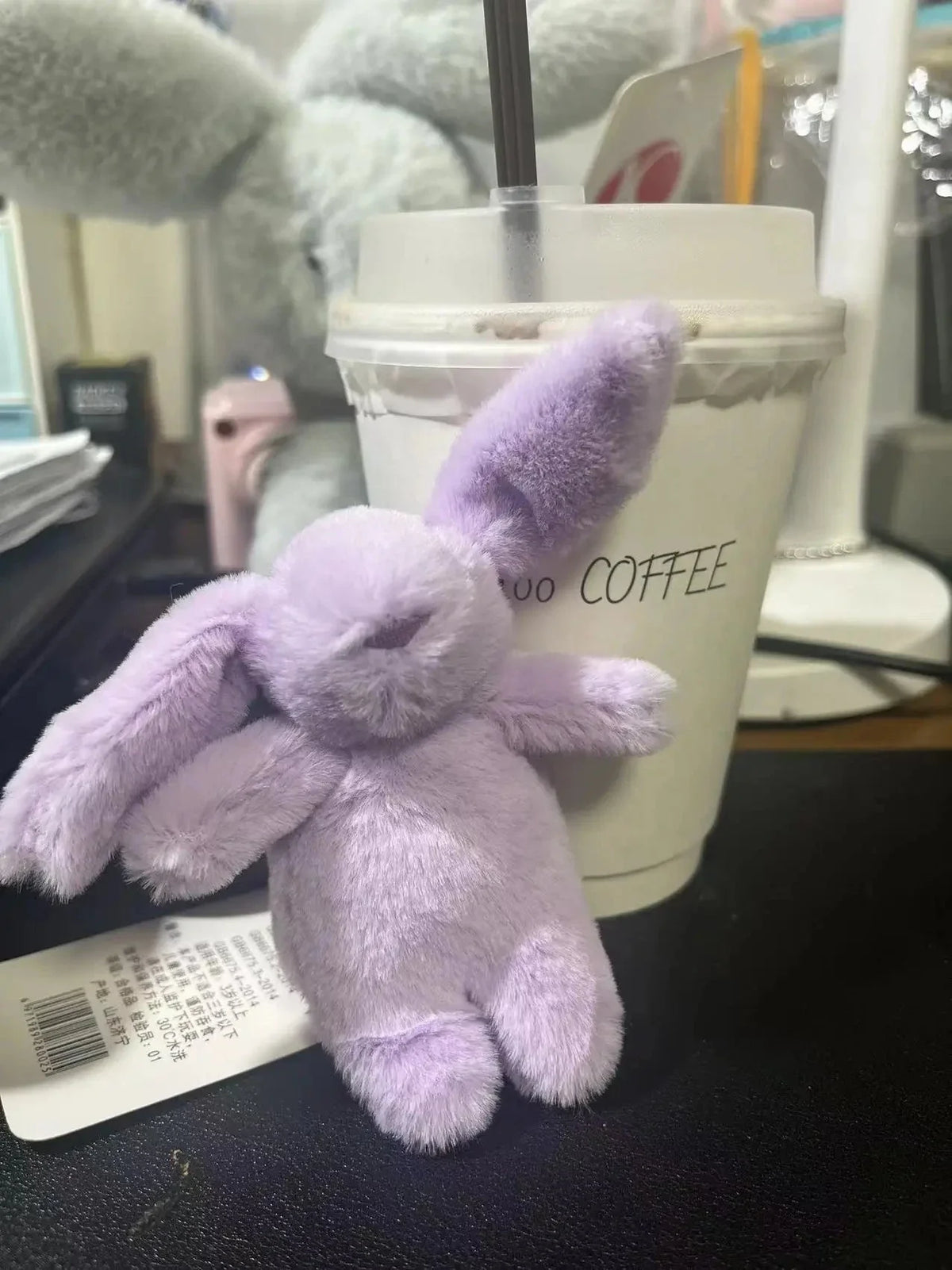Lilac rabbit plush keychain with silver chain and metal ring clasp