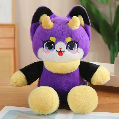 Purple dragon cat plush toy with big dark eyes, white muzzle, and plush paws