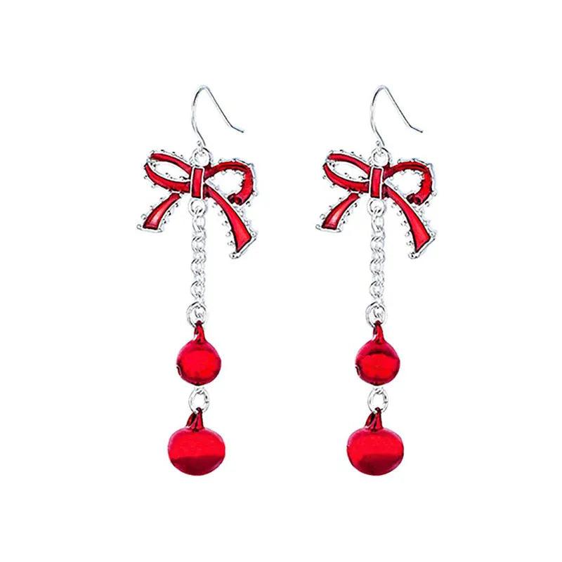 Red bow ribbon drop earrings with two dangling red bell beads and silver hooks