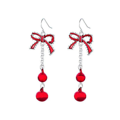 Red bow ribbon drop earrings with two dangling red bell beads and silver hooks