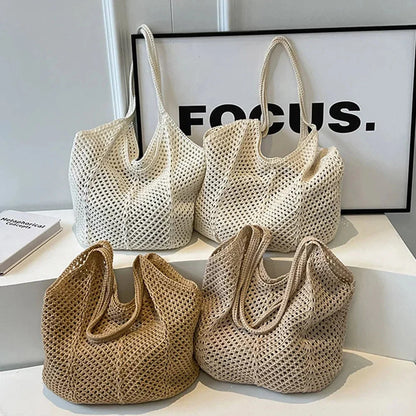 Beige crochet tote shoulder bag with U-shaped opening and textured mesh knit