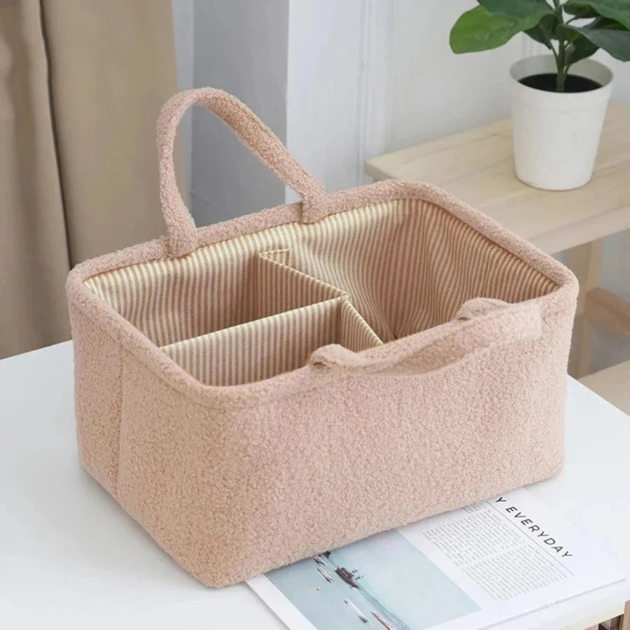 Khaki diaper caddy organizer bag with striped lining, 3 compartments, and fabric handles