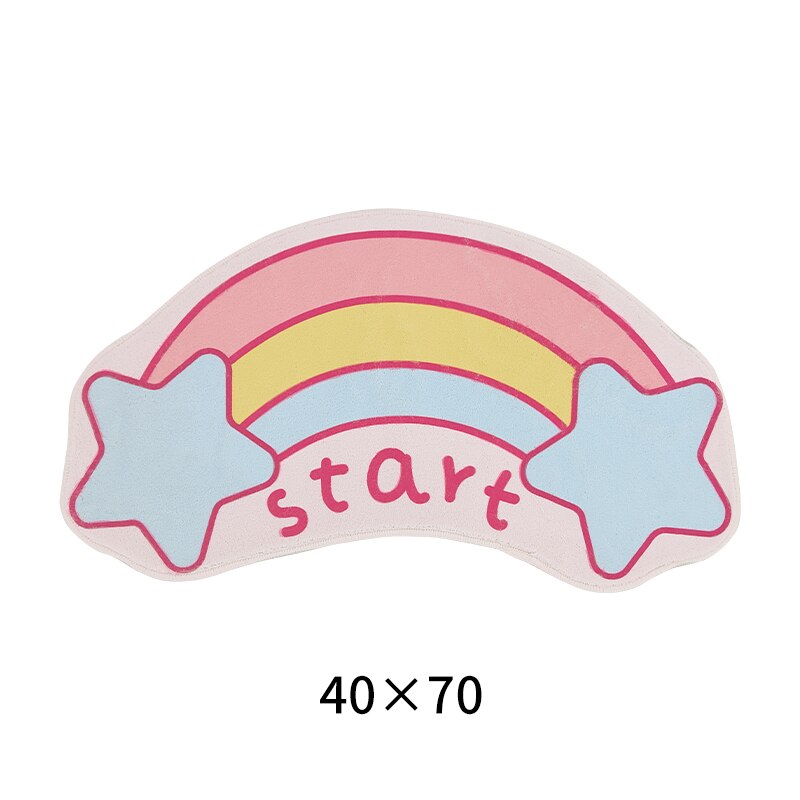 Rainbow arch rug with “start” text, pink, blue, yellow, and cloud motifs, 40x70