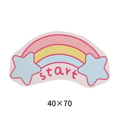 Rainbow arch rug with “start” text, pink, blue, yellow, and cloud motifs, 40x70