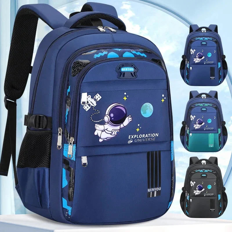 Kids navy astronaut backpack with astronaut and space graphic, front zip pocket