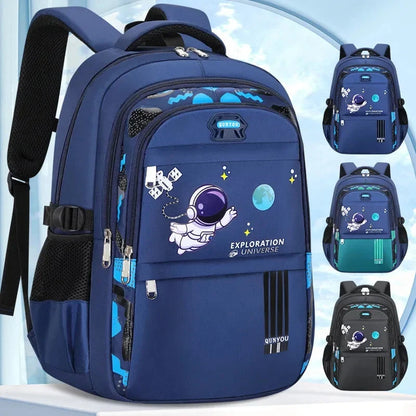 Kids navy astronaut backpack with astronaut and space graphic, front zip pocket