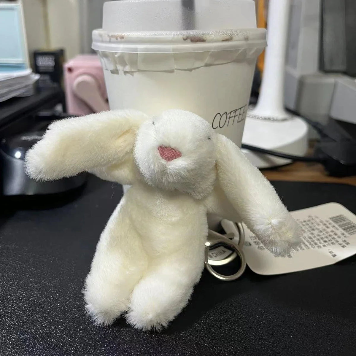 White rabbit plush keychain with heart nose and silver metal ring