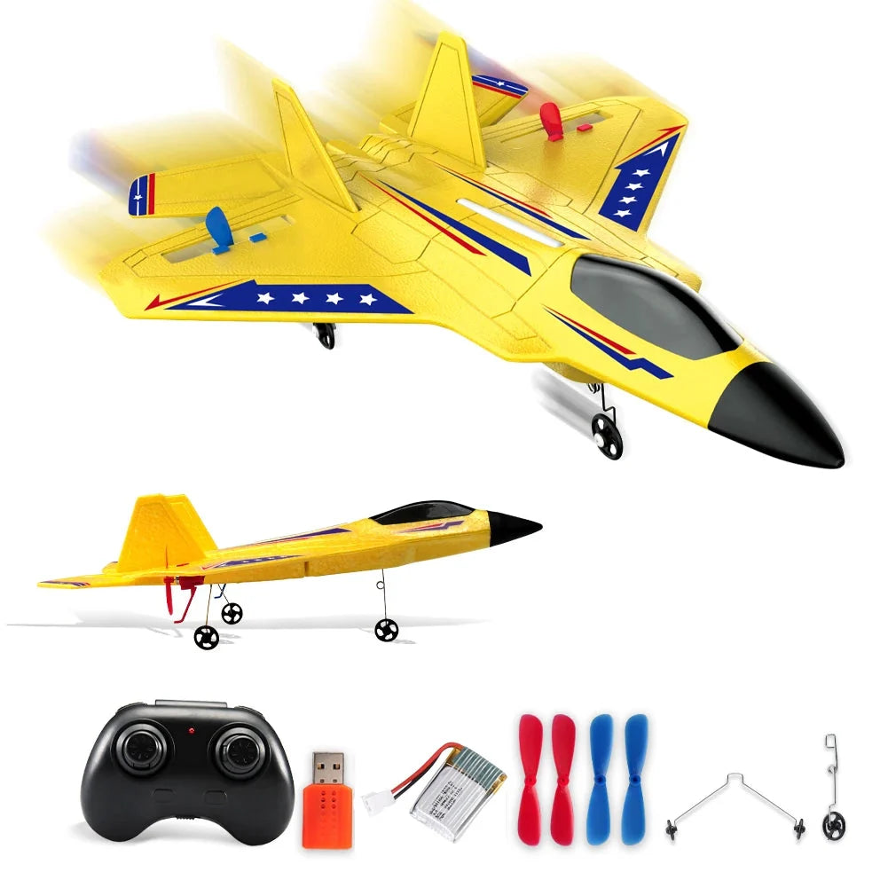 Yellow RC foam glider airplane with black 2.4G remote, battery and accessories