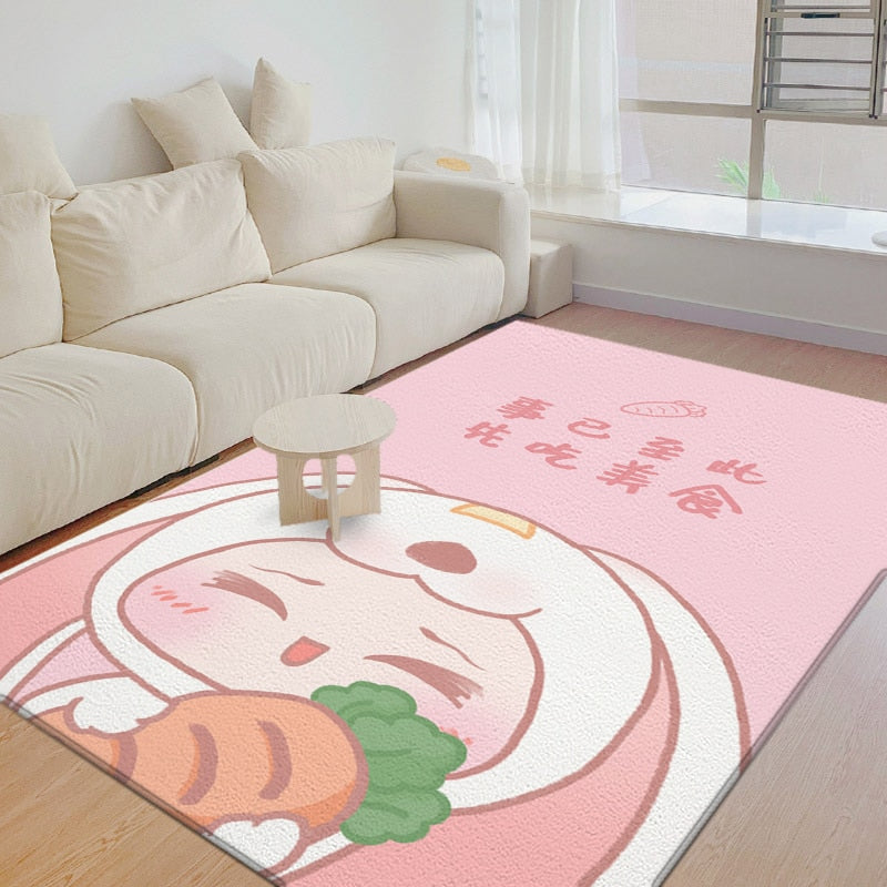 Rabbit area rug, pink background with cartoon bunny holding carrots