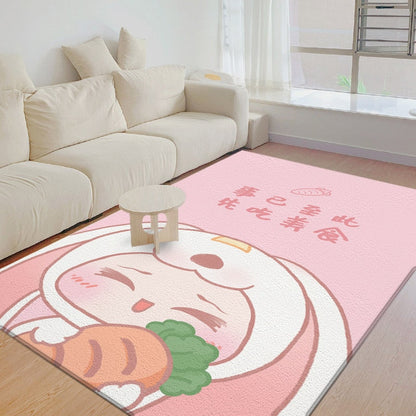 Rabbit area rug, pink background with cartoon bunny holding carrots