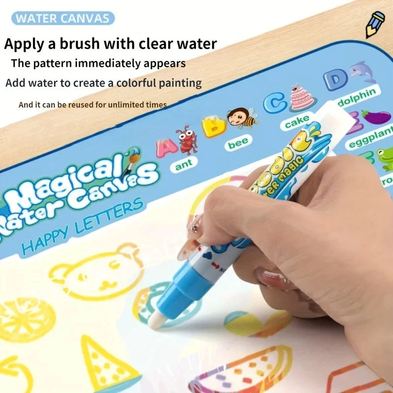 Magic water drawing canvas with hidden designs; hand uses blue reusable pen