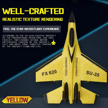 Yellow RC foam fighter glider SU-35 close-up with FX620 markings