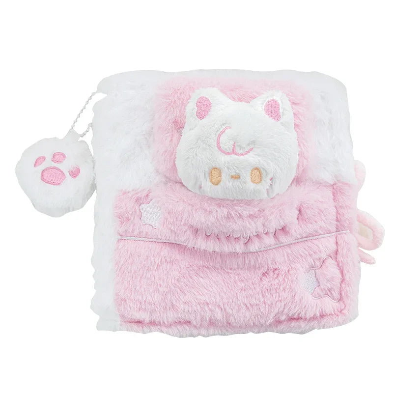 Plush sleepy cat notebook with pink fuzzy cover and white plush face with rosy cheeks