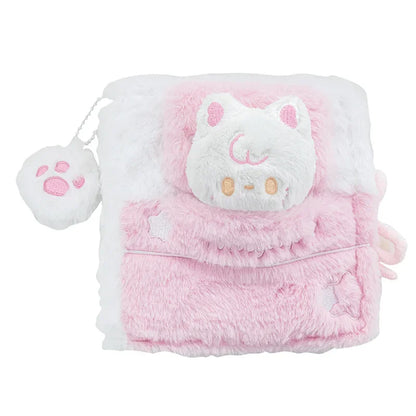 Plush sleepy cat notebook with pink fuzzy cover and white plush face with rosy cheeks