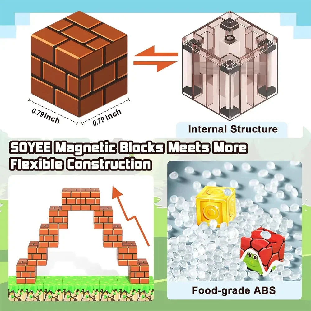 Magnetic cube blocks with dimension marks and transparent internal structure diagram