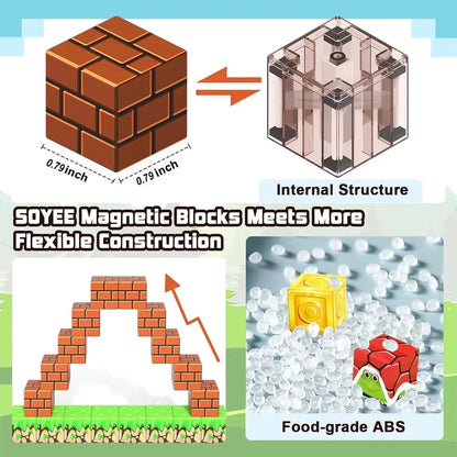 Magnetic cube blocks with dimension marks and transparent internal structure diagram