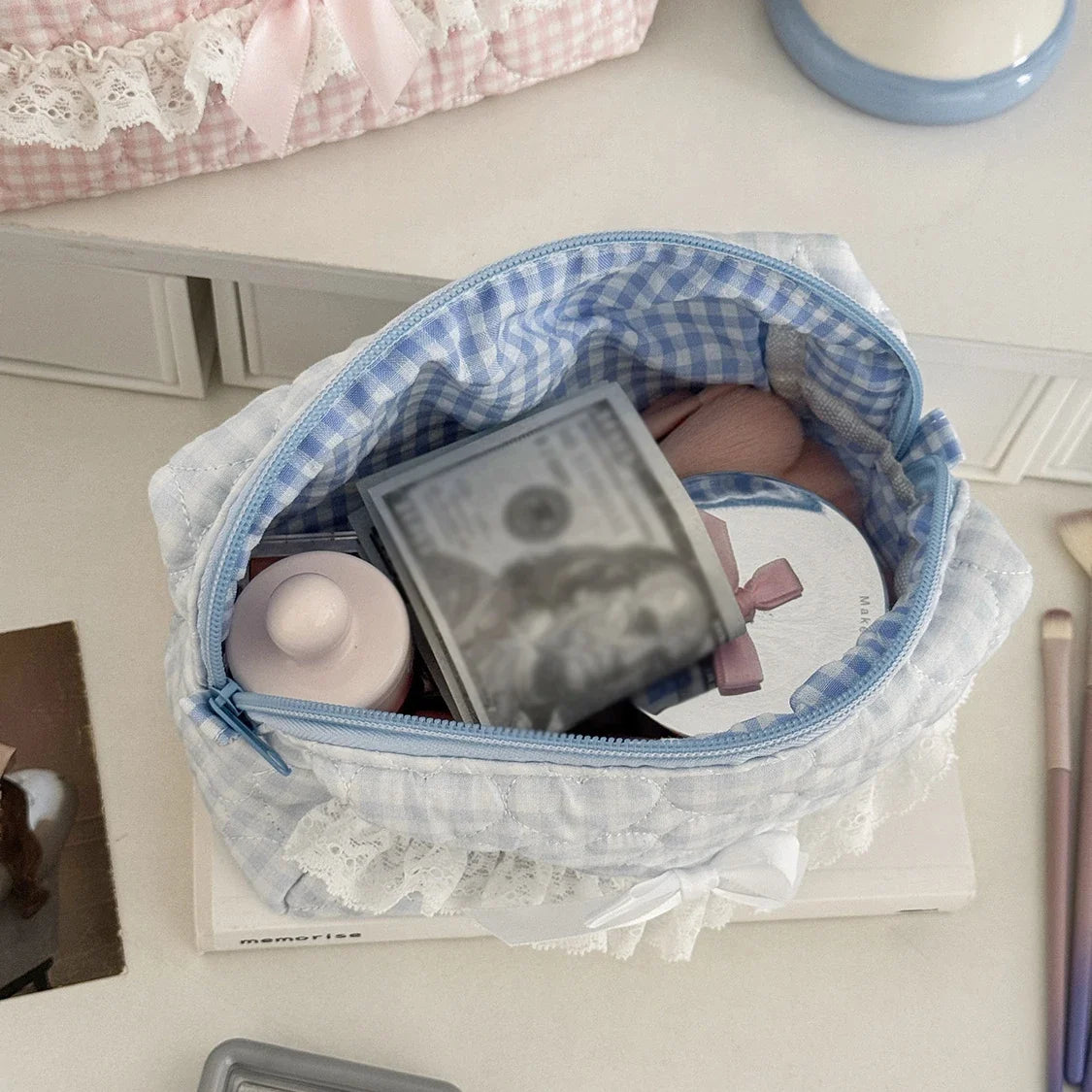 Kawaii Gingham & Lace Pencil Case – Cute Vintage Aesthetic Stationery | Pink & Blue