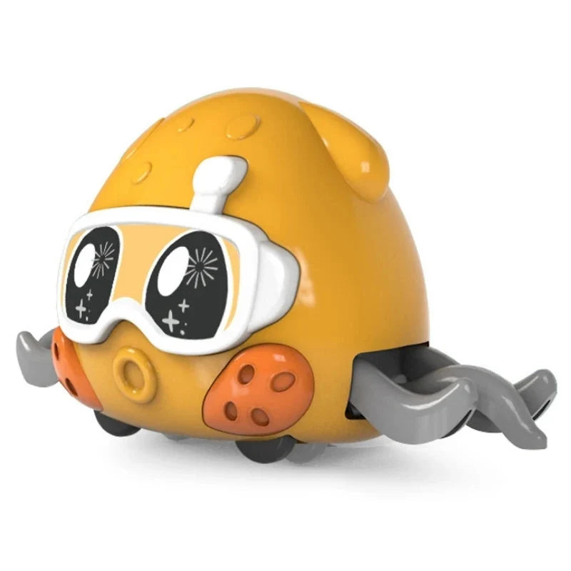 Yellow interactive crawling crab toy with goggles-style eyes and gray claw legs
