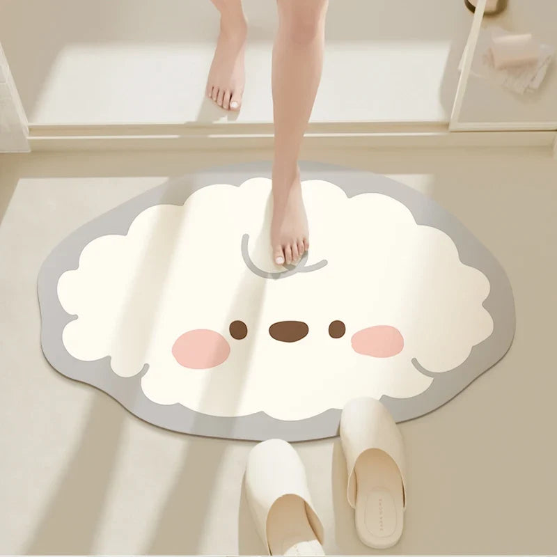 Round bathroom floor mat with cute white dog face and pink accents