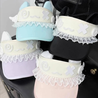 Multi-color cat-ear visors with lace trim and white kitty face patches