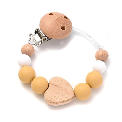 Baby pacifier clip teether chain with wooden star and yellow, white silicone beads
