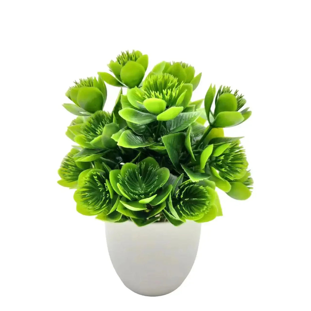 Artificial plant with bright green rosette-like leaves in a white plastic pot