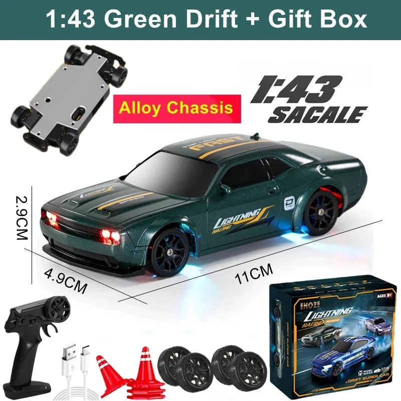 Dark green 1:43 drift RC car set with remote control and spare wheels, gift box