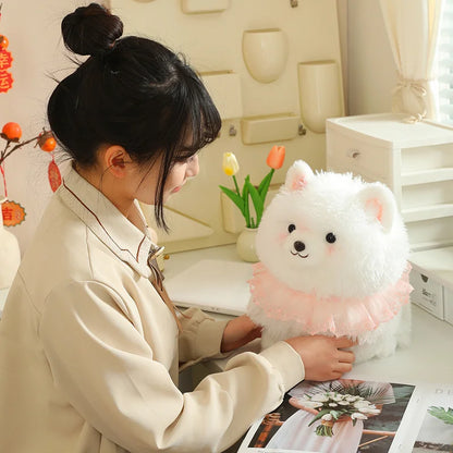 Kawaii Pretty Pomeranian Plushie – Fluffy White Dog with Pink Ruffle Collar | 31cm, 37cm & 52cm