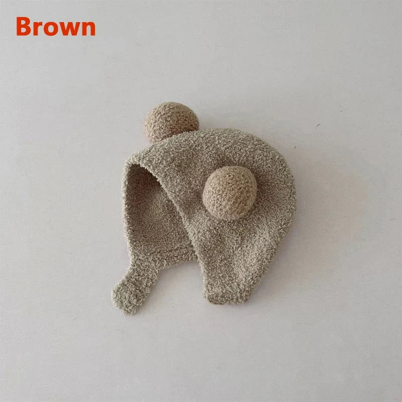 Brown kids bear-ear ear protection hood hat with pom-pom ears
