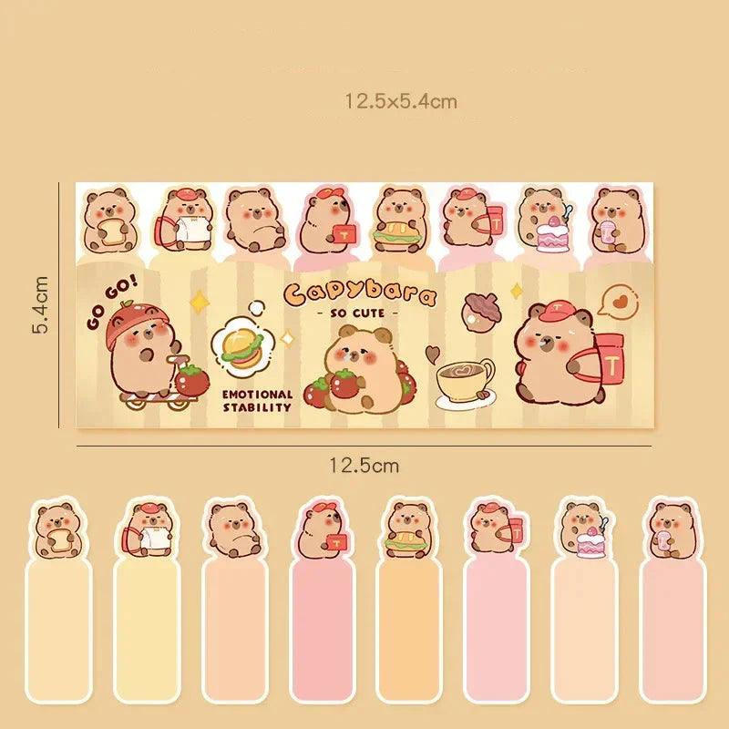 Capybara sticky note bookmark strip layout with dimensions and multiple character tabs