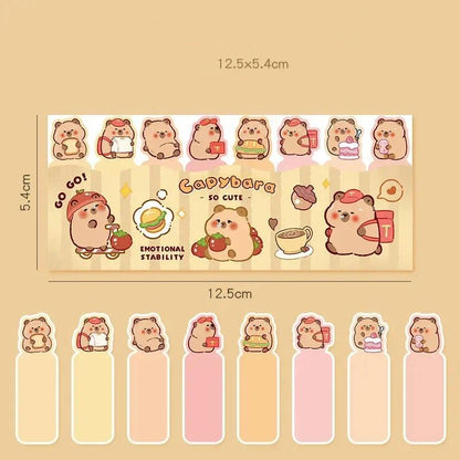 Capybara sticky note bookmark strip layout with dimensions and multiple character tabs
