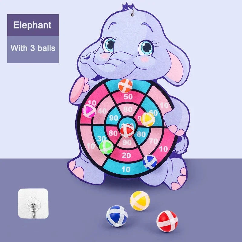 Elephant dart board toy with three striped sticky balls and numbered target rings