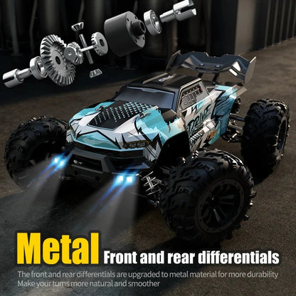 RC monster truck with metal front and rear differentials, blue body and LED headlights