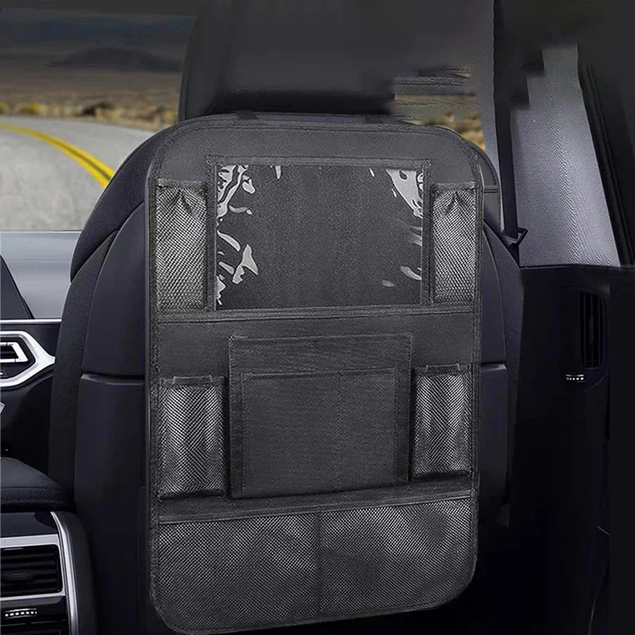 Black car seat back organizer bag with mesh side pockets and clear front panel