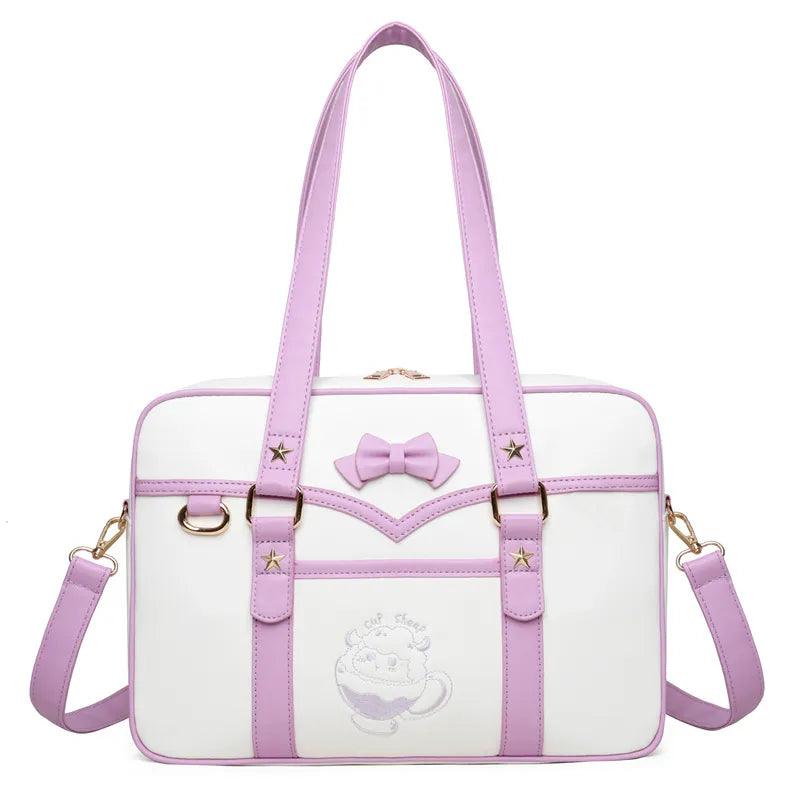Purple-and-white kawaii messenger bag with bow front, star accents, and crossbody strap