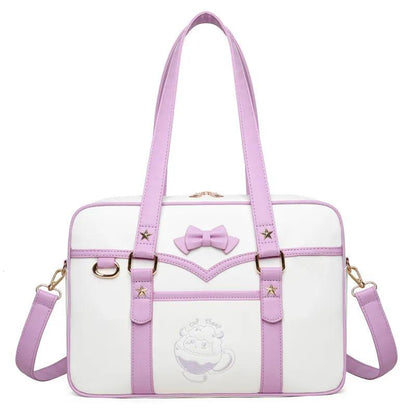 Purple-and-white kawaii messenger bag with bow front, star accents, and crossbody strap