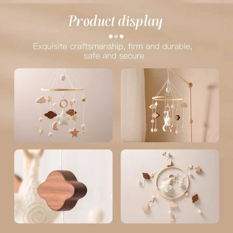 Wooden baby crib mobile with star and moon hanging decorations