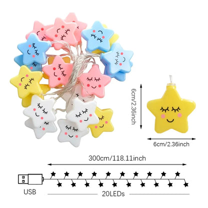 Kawaii Happy Stars LED String Lights – Pastel Star Room Decor | 3m | 20 Bulbs