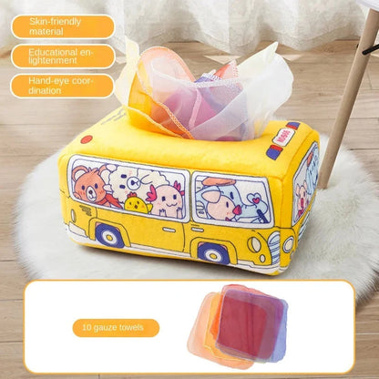 Yellow bus Montessori sensory tissue box toy with cartoon animals and fabric tissue pouches