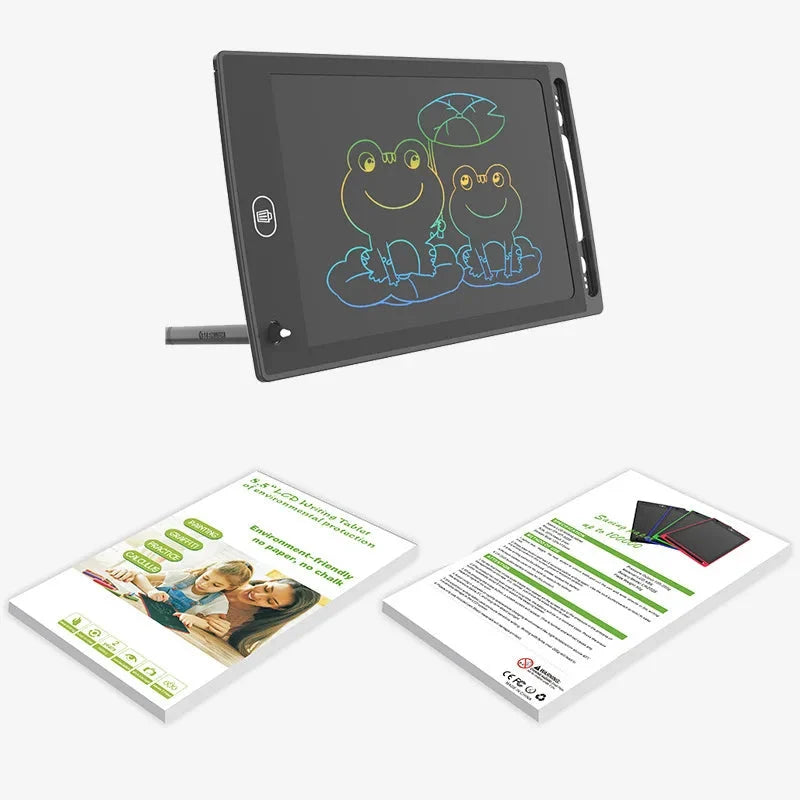6.5-inch LCD writing tablet in dark frame with animal doodles and included papers