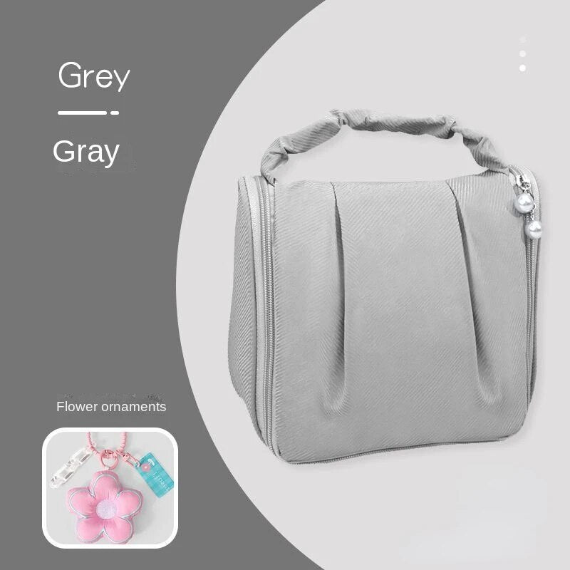 Grey hanging makeup bag with flower ornament pendant and beaded side charm