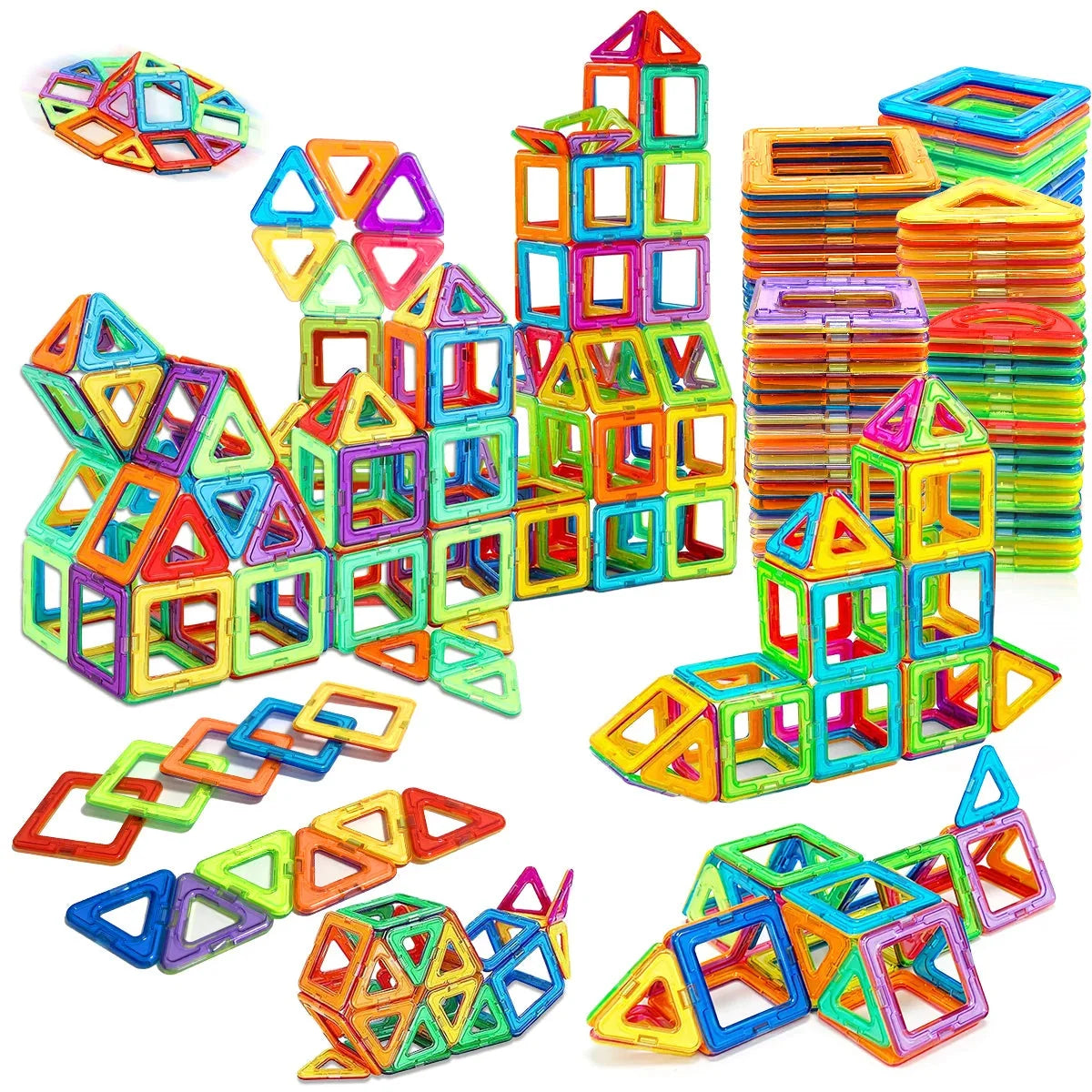 Colorful magnetic building blocks forming multiple 3D structures with triangles and squares