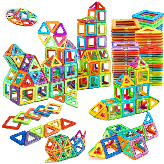 Colorful magnetic building blocks forming multiple 3D structures with triangles and squares