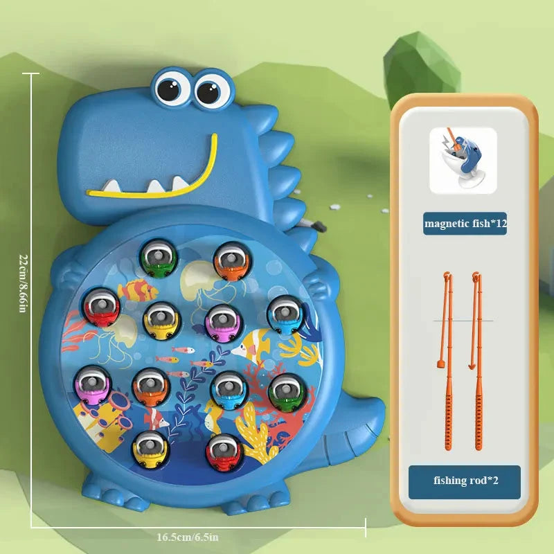 Green and blue dinosaur magnetic fishing toy with fish discs and two orange rods