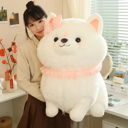 Kawaii Pretty Pomeranian Plushie – Fluffy White Dog with Pink Ruffle Collar | 31cm, 37cm & 52cm